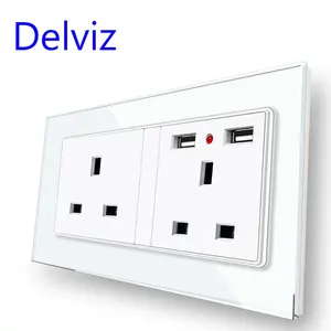 Delviz英国标准插座，白色面板146毫米 * 86毫米，带发光二极管灯，13A英国双电源插孔，钢化玻璃墙USB插座