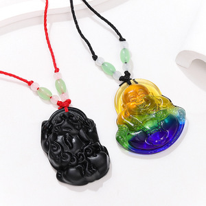 Pendentif Bouddha Maitreya en verre obsidienne, collier en verre coloré, bijoux bouddhistes, accessoire cadeau unisexe - Product Image 2