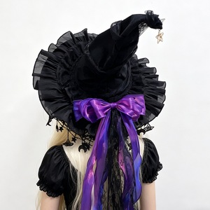 Sombrero de Bruja para Halloween, Gorro de Mago con Adornos de Estrellas de Encaje y Lazo Grande - Product Image 4