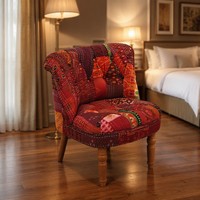 Fauteuil d'appoint bohème en patchwork Kantha fait main, canapé individuel en tissu de coton avec pieds en bois, logo personnalisé, vente en gros