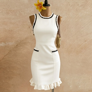 Elegante Vestido Lápiz Blanco con Dobladillo Recto y Ribete en Contraste, Mini Vestido Ajustado sin Tirantes, Transpirable, para Oficina, Verano - Product Image 5