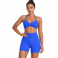 Set Yoga Warna Solid Baru, Bra Yoga, Celana Pendek Olahraga Pinggang Tinggi Model Peach Hip, Halter Cantik di Bagian Belakang, Ringan dan Bernapas