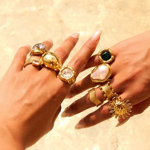 Conjunto de Anillos Yueli con Perlas y Circonitas, Forma Geométrica, Unisex, para Uso Diario, Engaste de Bisel, Joyería de Acero Inoxidable - Product Image 2