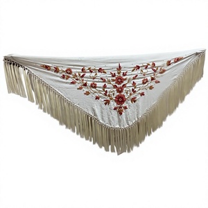 Châle triangulaire ivoire pour femme avec broderie florale et longues franges, élégant foulard de soirée pour mariée, idéal pour les mariages et les fêtes - Product Image 1