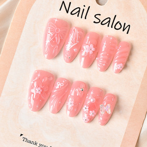Faux Ongles à Presser Artisanaux 3D Papillon Floral Fée Rêveuse Rose Transparent Amande pour Mariage et Art des Ongles Vente en Gros - Product Image 6