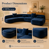 Canapé d'angle moderne bleu marine avec chaise longue, rembourrage en éponge écologique, revêtement en velours pour appartement et hôtel