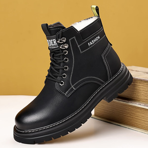 Botas Martin para hombre, botines cálidos con forro de piel para invierno, punta redonda, cordones, suela de goma, color sólido, cuero artificial - Product Image 1