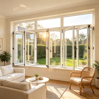Ventana Plegable de Aluminio con Marco Negro de Venta Directa de Fábrica HUACAI, Ventana Panorámica de Vidrio para Villa Vacacional junto al Lago