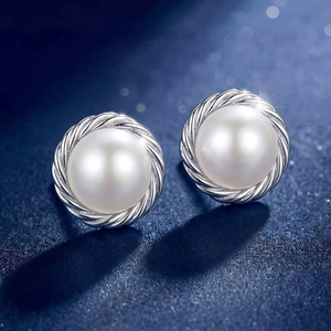 S925 <b>Silver</b> Twisted Rope Halo Pearl <b>Stud</b> Earrings Classic Round Freshwater Pearl Jewelry Elegant Gift for Women Girls - Product Image 5