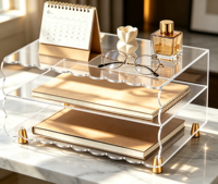 Organisateur de bureau en acrylique transparent à 3 niveaux avec bord festonné et pieds dorés, support de plateau pour papiers A4, livres, notes, rangement de bureau à domicile