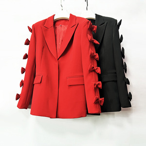 AELESEEN High Fashion Women's Blazer Suit Autumn Winter <strong>Red</strong> Black Temperament Heavy Industry <strong>Bow</strong> 3D Design Long Coat Female - Product Image 4