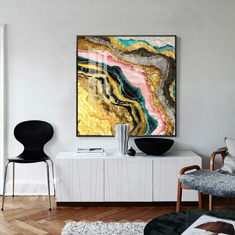 Pintura al óleo de lámina de oro abstracta, lienzo para colgar en la pared, imagen artística, geoda dorada, resina epoxi, Impresión de vidrio, pintura de porcelana de cristal