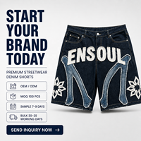 Shorts en jean délavé effet vieilli personnalisés pour hommes, style streetwear, coupe ample, avec broderie, patchs et appliques, fermeture éclair, taille moyenne, OEM