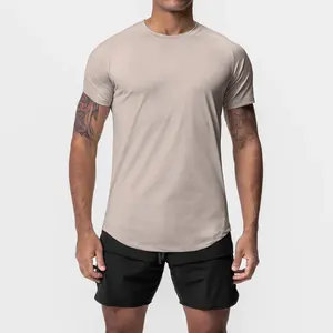 T-shirts de sport OEM de couleur unie décontractés T-shirt en polyester à manches raglan personnalisées avec ourlet incurvé pour hommes