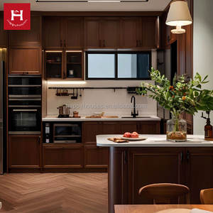 HAPPY HOUSES Armoires de cuisine en bois massif brun foncé de style américain avec éclairage LED, étagère de rangement en verre suspendue pour villa, ensemble de cuisine - Product Image 1