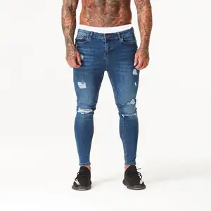 Royal Wolf Pabrik Garmen Denim Pria, Jeans Gym Sobek Skinny Super Meregang Biru Gelap Modis