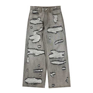 Nouvelles tendances, jean déchiré ample en denim 100% coton 14 oz, style streetwear, coupe ample, délavé à la pierre, usé, pour hommes - Product Image 3