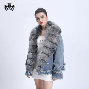 New Arrivals Fashion Jean Coat Fur Lining Winter Coat Wholesale Thick <strong>Women</strong> Fox Collar Parka <strong>Denim</strong> Fur <strong>Jacket</strong> - Product Image 3