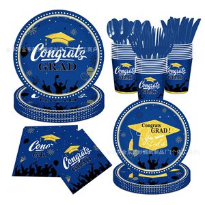 Ensemble de vaisselle jetable sur le thème de la remise des diplômes, assiettes en papier, gobelets, serviettes, ustensiles pour fête de remise des diplômes, design bleu et or - Product Image 1