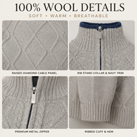 Cardigan Homme Personnalisé 100% Laine à Fermeture Éclair, Col Montant, Motif Torsadé Diamant, Manches Raglan, Automne Hiver