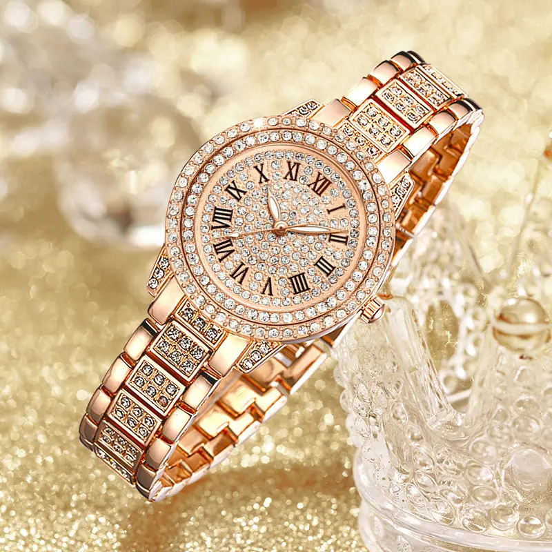 Grosir gelang lapis emas Set jam tangan kuarsa berlian imitasi kustom berlian gelang desain jam tangan untuk hadiah wanita