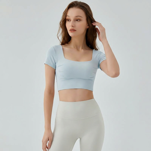Wholesale Women's Square Neck Cut Out Back Yoga Crop Top Built-in <b>Bra</b> Short Sleeve Workout T Shirt Slim Fit Pilates Activewear - Product Image 2
