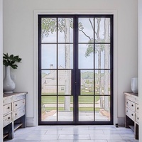 Puerta Batiente de Acero con Arco, Acero al Carbono de Alta Gama, Ventanas con Diseño Gráfico, Puertas Francesas con Marco Delgado de Vidrio, Resistentes al Agua, Ideales para Hoteles