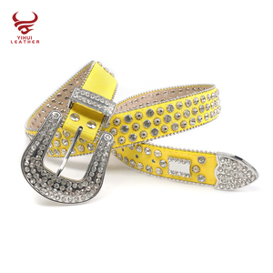 2025 nueva llegada marcas famosas <span class=keywords><strong>hombre</strong></span> y mujer cinturón PU cuero <span class=keywords><strong>amarillo</strong></span> diamantes de imitación cinturones - Product Image 2