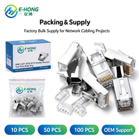 E-HONG 8P8C CAT7 SFTP Konektor RJ45 Dua Bagian Berpelindung Ganda 10Gbps 600MHz Berlapis Emas untuk Jaringan