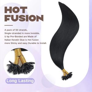 Extensions de cheveux naturels non-Remy à double trame, à pointe en U, en kératine, noir jais, 14 pouces, 50 mèches, 40G - Product Image 5