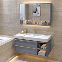 Ensemble de meubles-lavabos modernes de luxe à vasque simple, miroir mural flottant, charnière coulissante en acier inoxydable à fermeture douce, panneau en mélamine