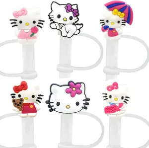 8mm 10mm sevimli Anime karikatür özel silikon Tumbler saman kapağı Topper Charms Hello Kitty saman bardak saman aksesuarları için Topper
