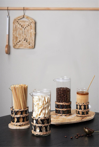 Tazze in vetro naturale ecologico portabicchieri da tè in stile vimini in rattan di colore personalizzato con set di accessori per l'avvolgimento - Product Image 4