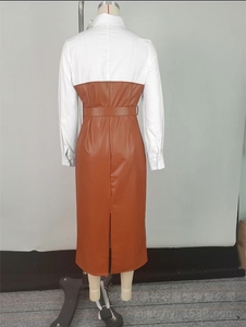 X8409 Abito Elegante da Ufficio per Donna, <span class=keywords><strong>Vestito</strong></span> Casual in Pelle PU con Maniche Lunghe e Cintura, Design a Contrasto - Product Image 4