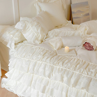 Ensemble quatre pièces en coton lavé de style crème français avec dentelle, housse de couette en forme de feuille de lotus, style princesse, qualité automne, rembourrage en laine