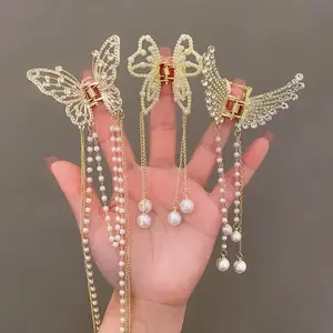 New Design Retro Classic Traditional Hair Accessories Metal Fringe Pearl Alloy Butterfly Claw Clip