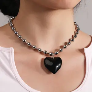 Hiphop 8mm hitam Persik rantai hati manik-manik rantai berbentuk hati Choker kalung perhiasan wanita