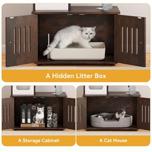 Arbre à chat moderne multifonctionnel 2 en 1 en bois avec enclos pour litière - Product Image 2
