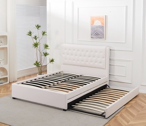 Cama de Lujo Ligera con Cabecera de Botones, Base de Cama con Espacio de Almacenamiento Pequeño Extraíble en Color Beige, Cama de Cuero - Product Image 1