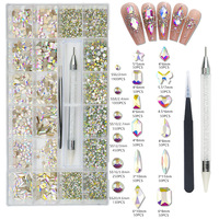 21 compartiments/boîte de charms en strass pour nail art, forme diamant à fond plat, motifs irréguliers, assortiment de strass