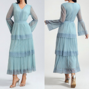 Customized Premium Designer Clothes Lace Panel Dress Layered Ruffle Hem Elegant Pleated Gown for Women Evening Party <strong>Wear</strong> OEM - Product Image 1