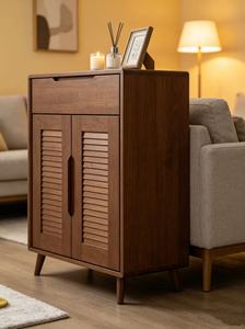 New Arrival Walnut Wood Shoe Cabinet with <b>Drawer</b> & Louvered Doors for Mid-Century Modern Entryway - Product Image 5
