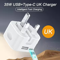 Chargeur rapide double port 35W à prise UK à bas prix, PD 20W QC3.0 USB-C, prise pliable pour Samsung et iPhone, puissance de sortie 10W