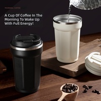Mug à café isotherme à double paroi de 380 ml en acier inoxydable 304, gobelet portable à couvercle rabattable, gourde réutilisable avec cordon de transport
