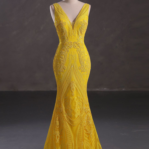 Robe de soirée sexy européenne américaine à col en V avec paillettes, sans manches, robe de bal, robe de soirée, taille empire, silhouette sirène, longueur au sol - Product Image 1