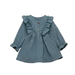 All'ingrosso abbigliamento per bambini <span class=keywords><strong>di</strong></span> colore personalizzato manica lunga <span class=keywords><strong>abito</strong></span> <span class=keywords><strong>di</strong></span> <span class=keywords><strong>cotone</strong></span> <span class=keywords><strong>mussola</strong></span> per bambine modello solido ODM abbigliamento per bambini - Product Image 2