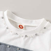 Ensemble de tenue d'été pour filles, t-shirt à patchwork avec strass, jupe bouffante en denim à nœud, vêtements décontractés
