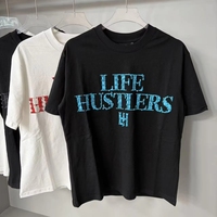 Life Hustlers Atasan Lengan Pendek Katun Murni Tren Pasangan Kecil dengan Cetakan Huruf Dasar Warna Solid