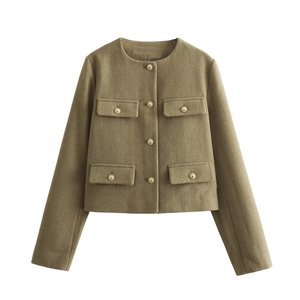 Fashonツイードジャケット女性用秋冬長袖シングルブレストクロップドコート女性用ソリッドOネックポケットアウタートップ - Product Image 5