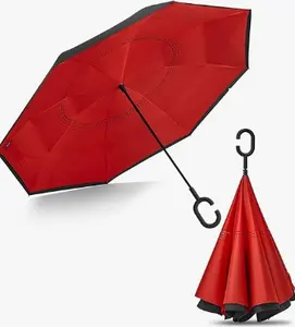 C 자형 손잡이이있는 거꾸로 된 역 우산 파라솔 인쇄 이중 거꾸로 비 증거